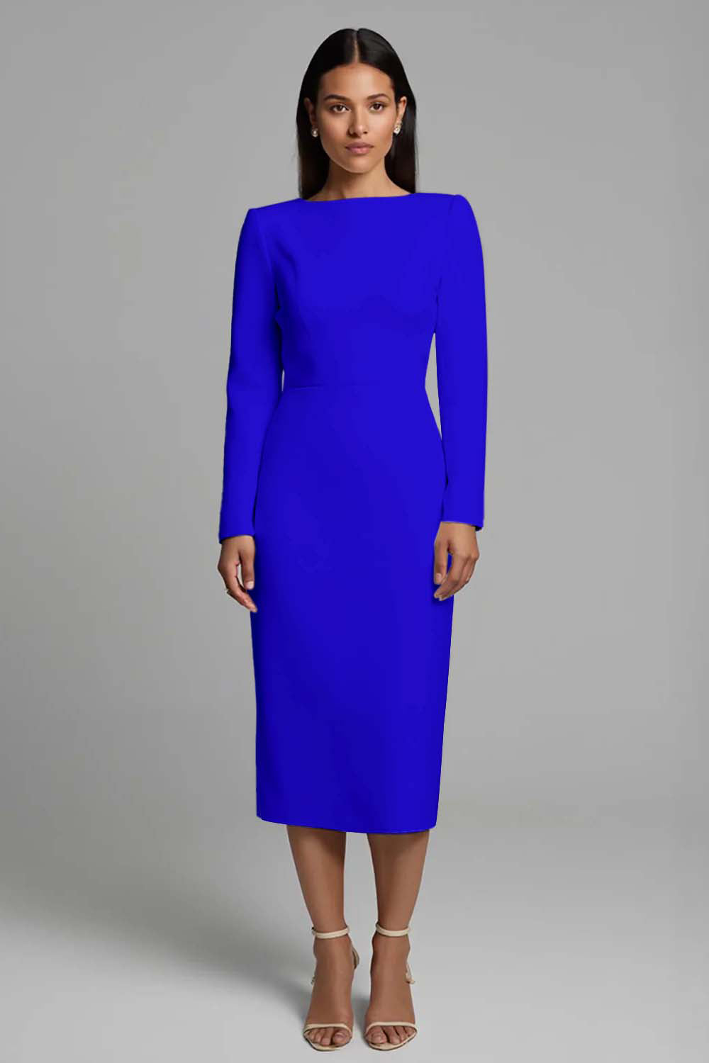 Simple Ivory Pencil Bateau Neck Midi Work Dress with Sleeves