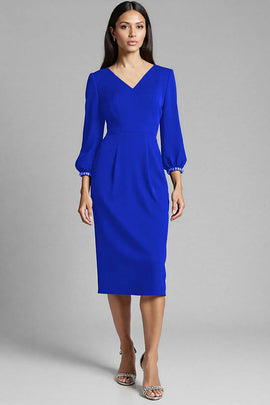 Zapakasa Women Royal Blue Midi Satin Work Dress with 3/4 Sleeves