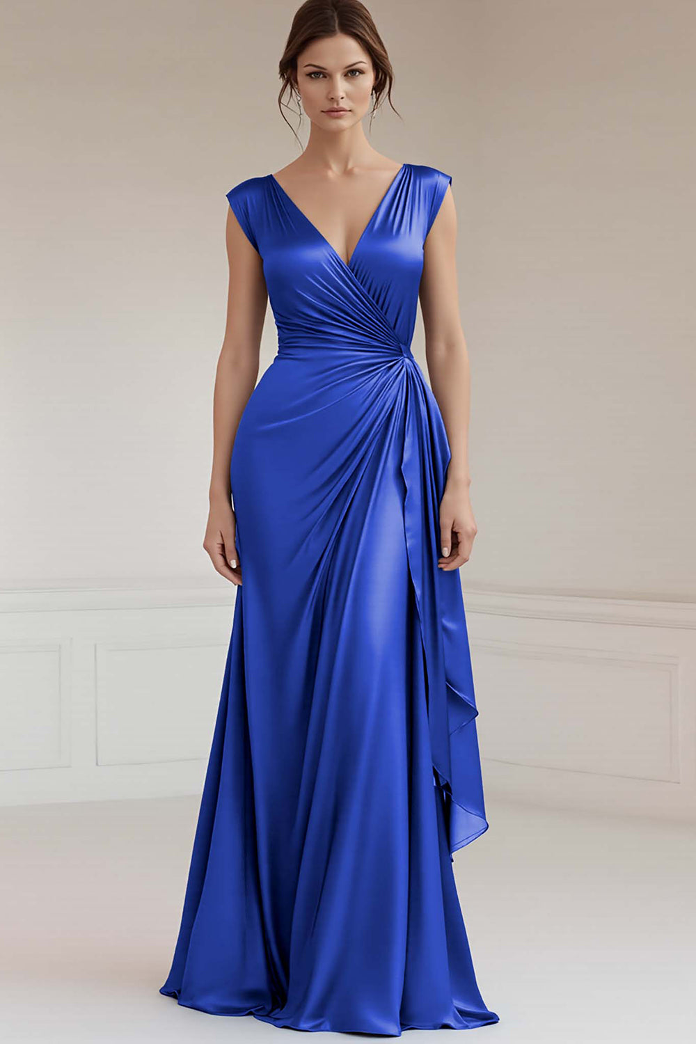 Peacock V-Neck Sheath Ruched Long Formal Dress with Ruffles