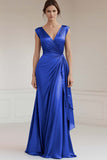 Peacock V-Neck Sheath Ruched Long Formal Dress with Ruffles