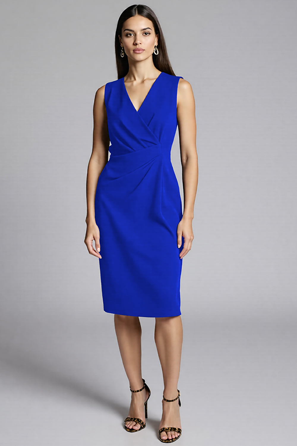 Zapakasa Women Royal Blue Satin Midi Work Dress Ruched V-Neck Bodycon