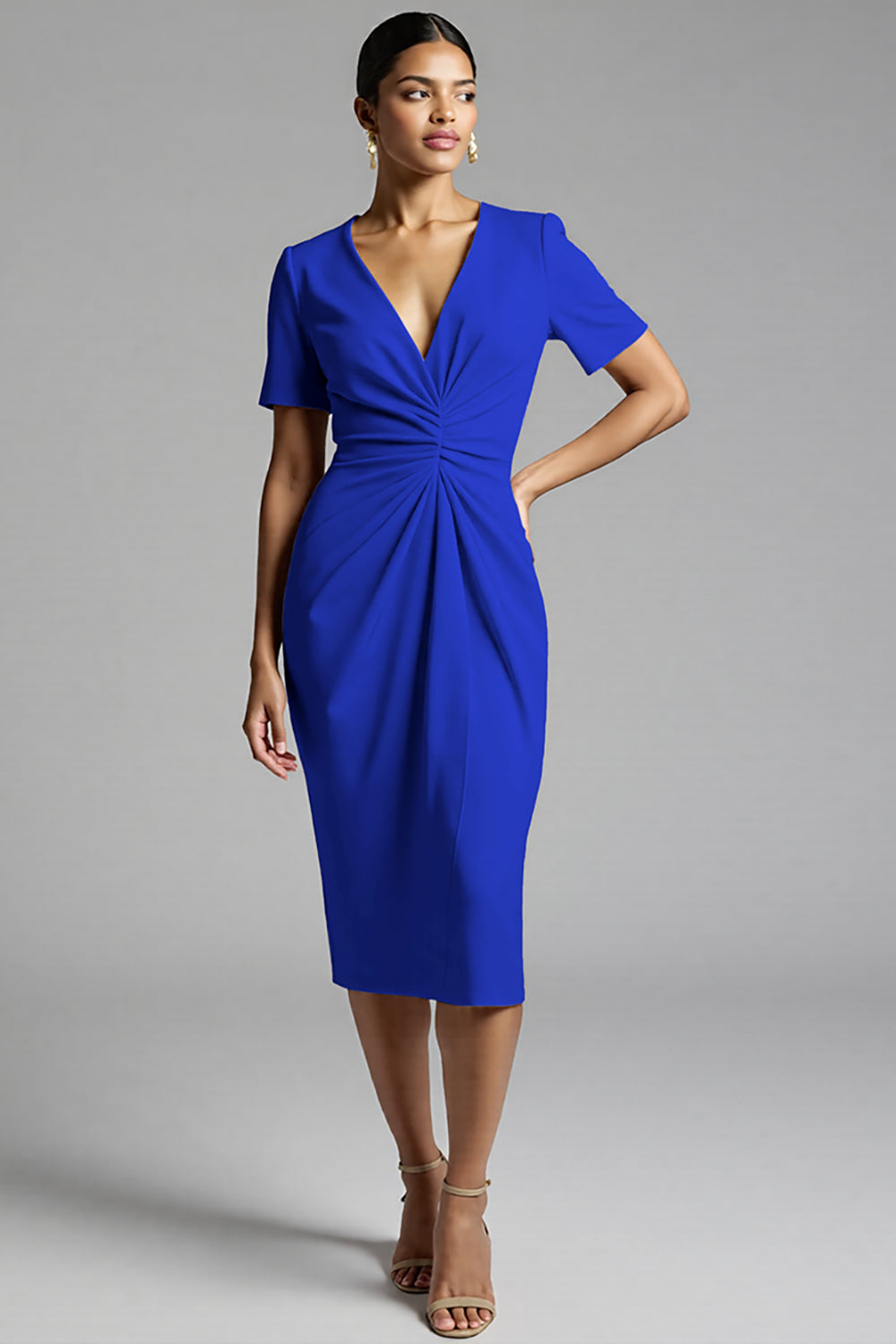 Tahiti V-Neck Bodycon Midi Satin Work Dress with Short Sleeves