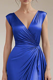 Peacock V-Neck Sheath Ruched Long Formal Dress with Ruffles