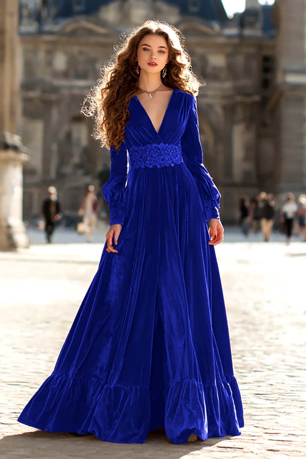 Brown Velvet A Line V-Neck Long Sleeves Formal Dress with Ruffles - Royal Blue / US2 Brown Velvet A Line V-Neck Long Sleeves Formal Dress with Ruffles - Royal Blue / US2
