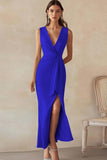 Lilac Satin Sheath Deep V-Neck Long Ruched Work Dress with Slit