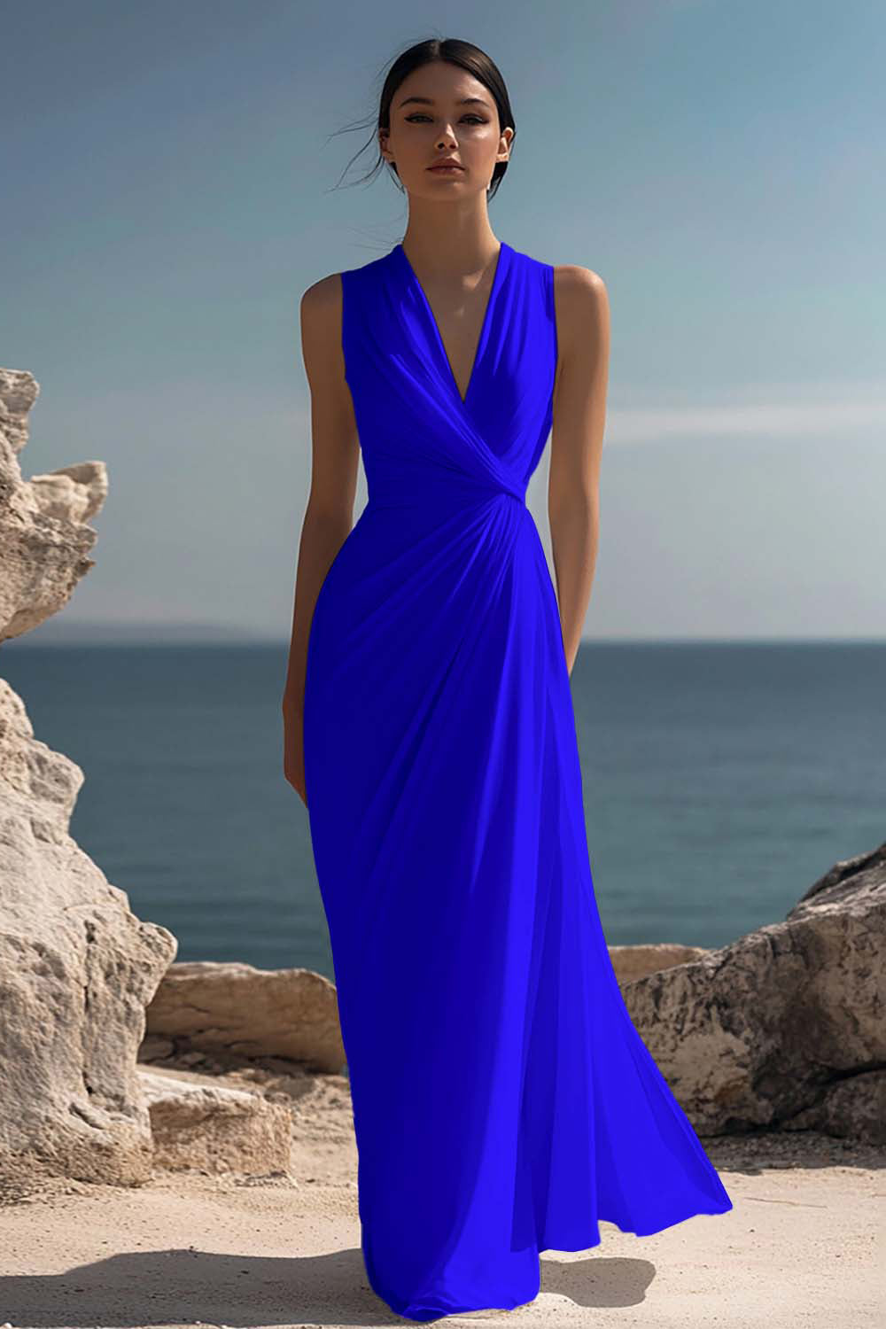 White Chiffon Sheath Ruched Sleeveless Long Rehearsal Dinner Dress - Royal Blue / US2 White Chiffon Sheath Ruched Sleeveless Long Rehearsal Dinner Dress - Royal Blue / US2