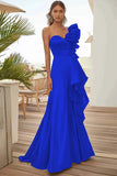 Black Satin One Shoulder A Line Long Formal Dress with Ruffles