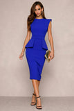 Navy Pencil Round Neck Midi Work Dress with Slit