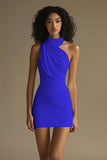 Dusty Blue Sleeveless Sheath Ruched Bodycon Mini Cocktail Dress