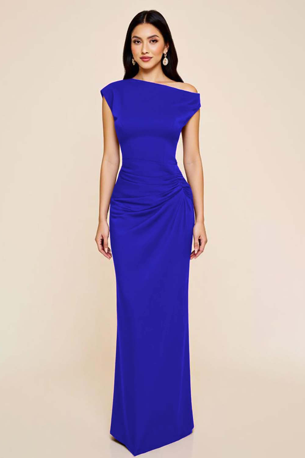 Dusty Blue Sheath Satin Asymmetrical Long Ruched Formal Dress