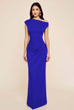 Dusty Blue Sheath Satin Asymmetrical Long Ruched Formal Dress
