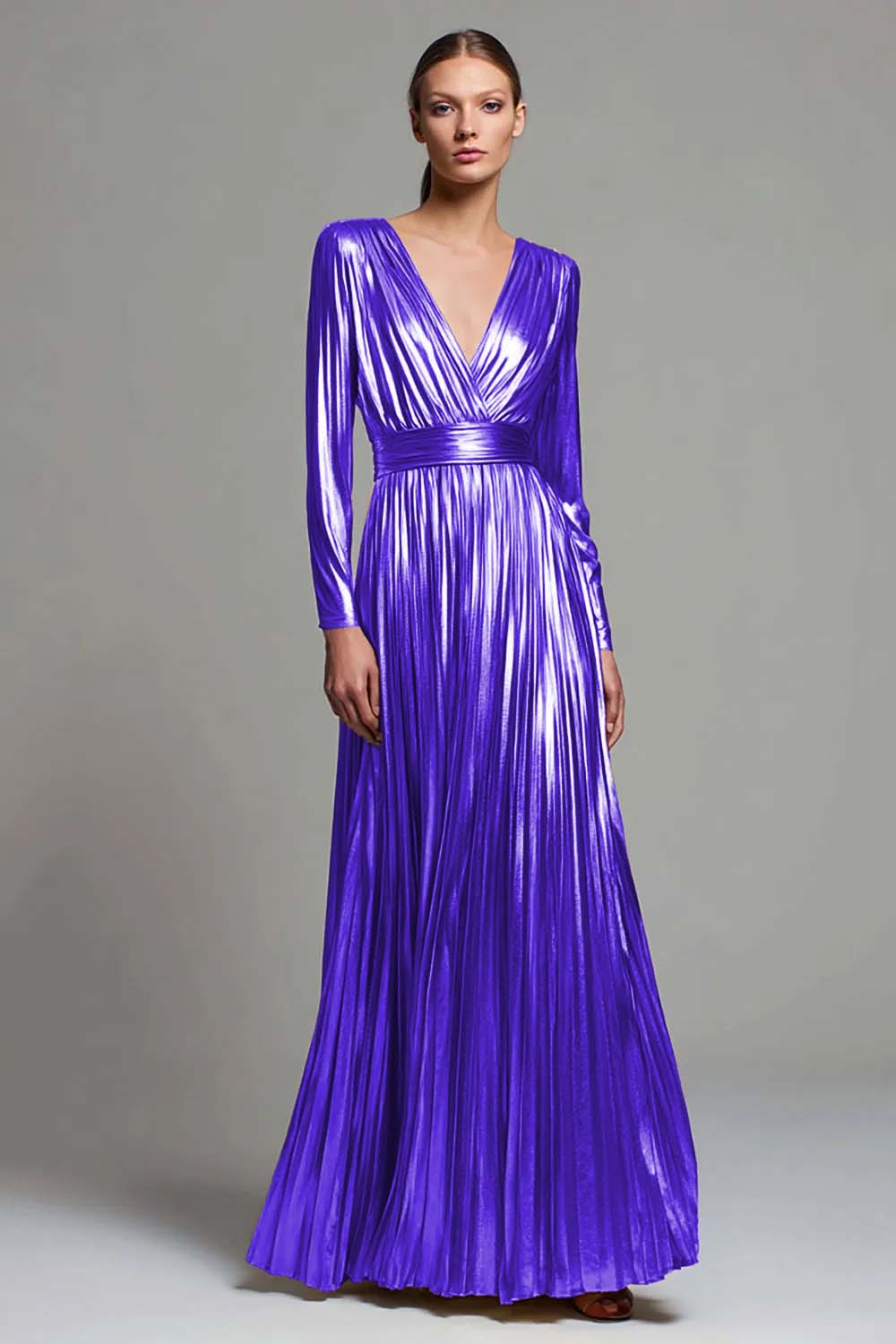 Zapakasa Women Sparkly Gold Metallic Long Sleeves Formal Dress Pleated V-Neck A-Line Gala Dress Zapakasa Women Sparkly Gold Metallic Long Sleeves Formal Dress Pleated V-Neck A-Line Gala Dress