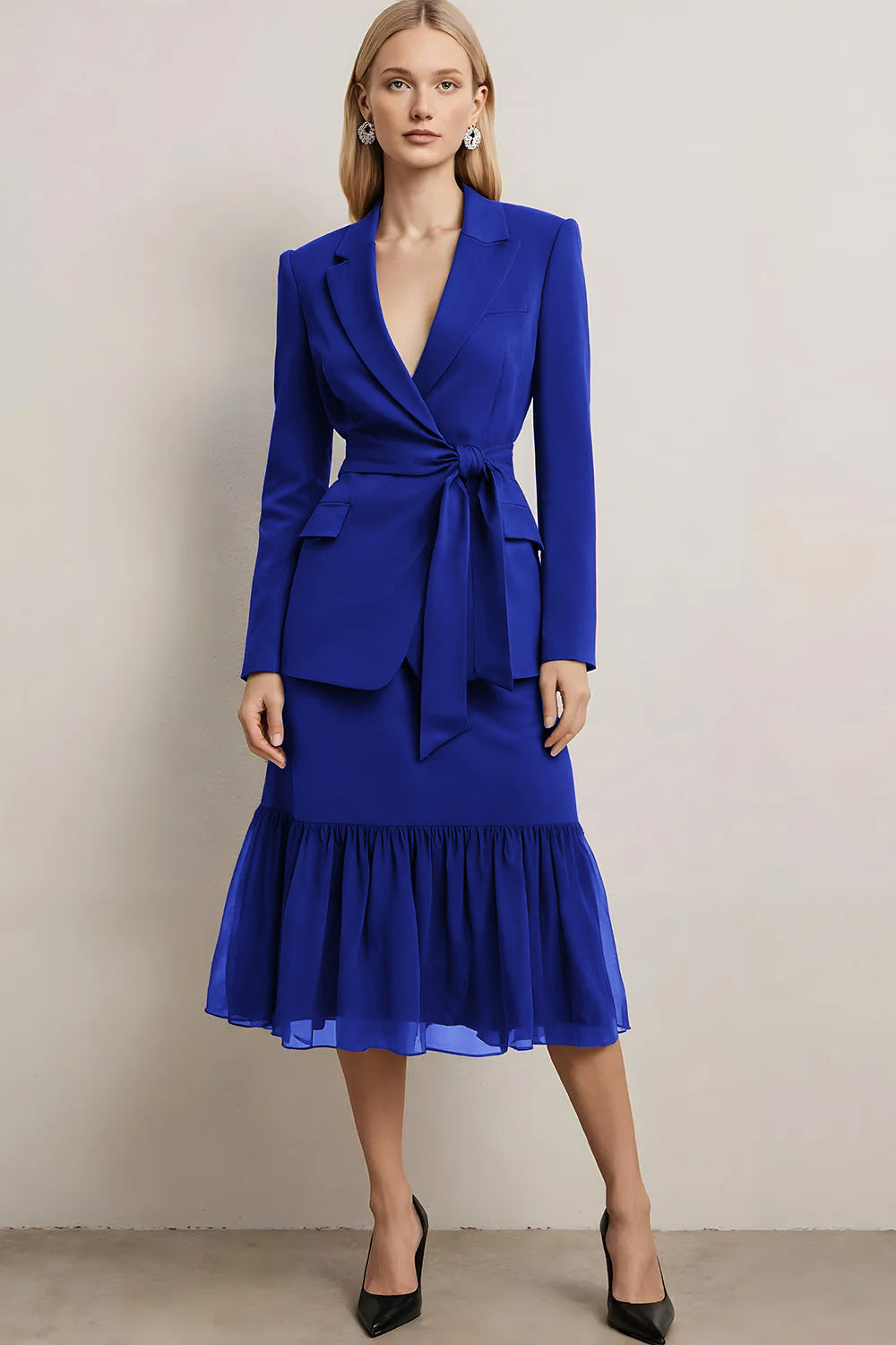 Dark Purple 2 Piece Notched Lapel Midi Business Suits with Sash