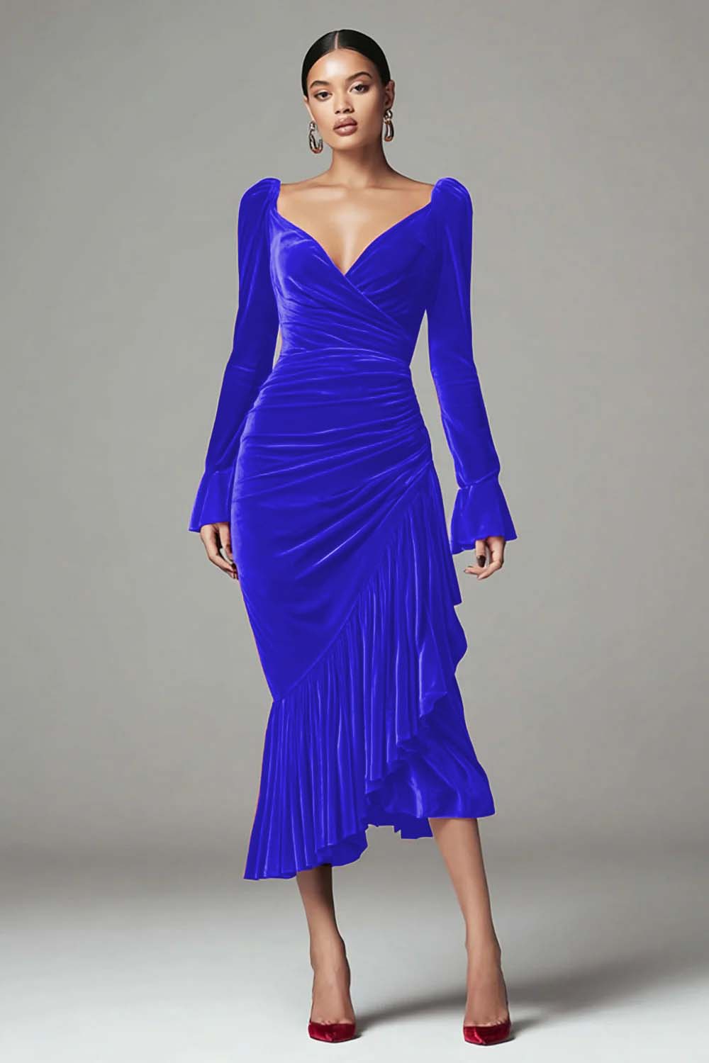 Burgundy Mermaid Velvet Ruched Holiday Party Dress with Ruffles