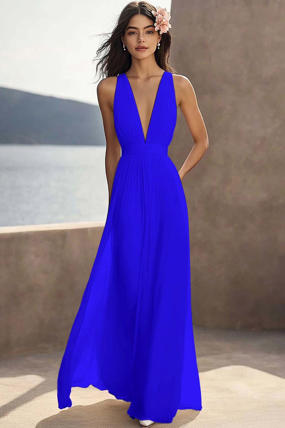 Chiffon Ivory Ruched Deep V-Neck Beach Maxi Engagement Dress