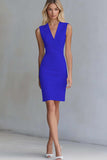 Dusty Blue Satin Bodycon V-Neck Short Work Dress