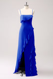 Tahiti Spaghetti Straps Chiffon Ruffled Long Bridesmaid Dress with Slit