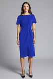 Royal Blue Bateau Neck Bodycon Ruched Midi Satin Work Dress with Sleeves