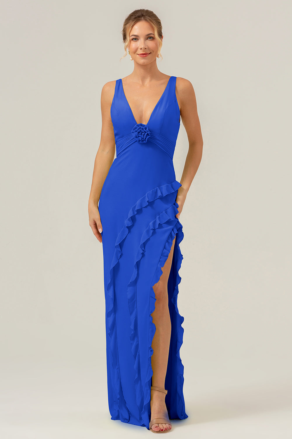 Lime Deep V Neck Ruffles Long Bridesmaid Dress with Slit