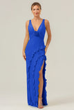 Lime Deep V Neck Ruffles Long Bridesmaid Dress with Slit