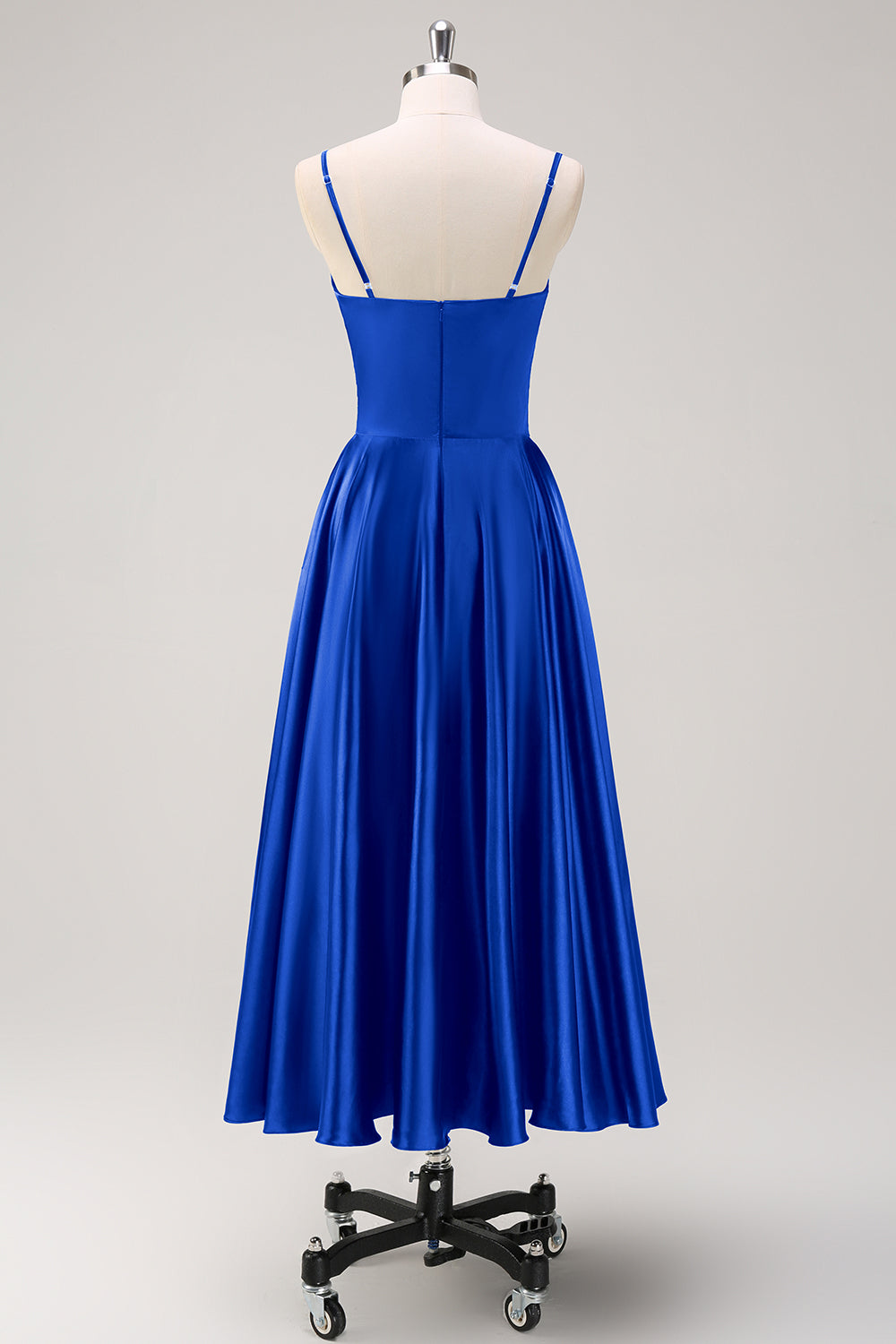 Navy A-Line Ruched Spaghetti Straps Tea Length Bridesmaid Dress