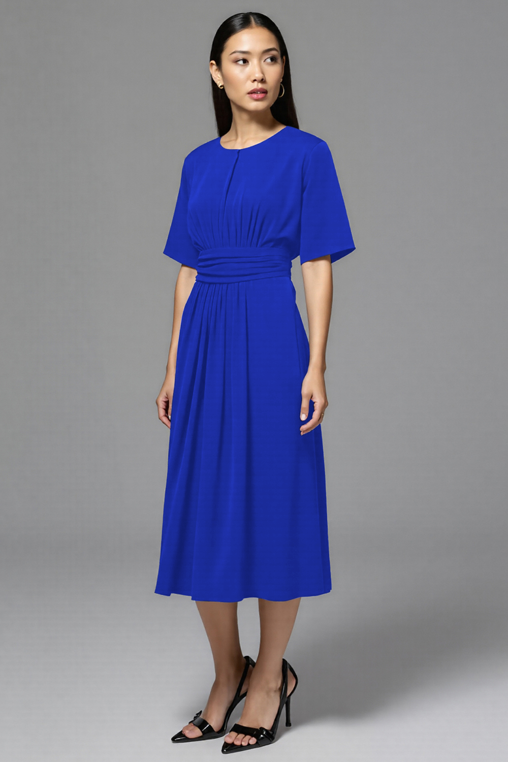 Navy Satin A Line Scoop Neck Midi Work Dress
