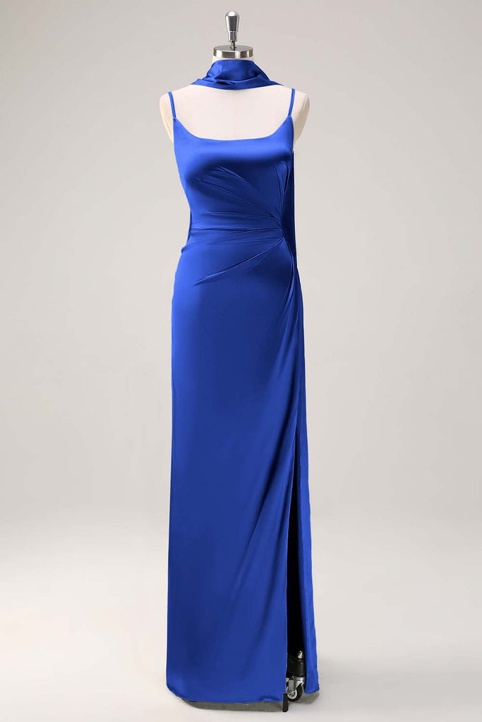 Cute Sheath Straps Yellow Satin Long Bridesmaid Dresses with Slit VK24111201 main image 0