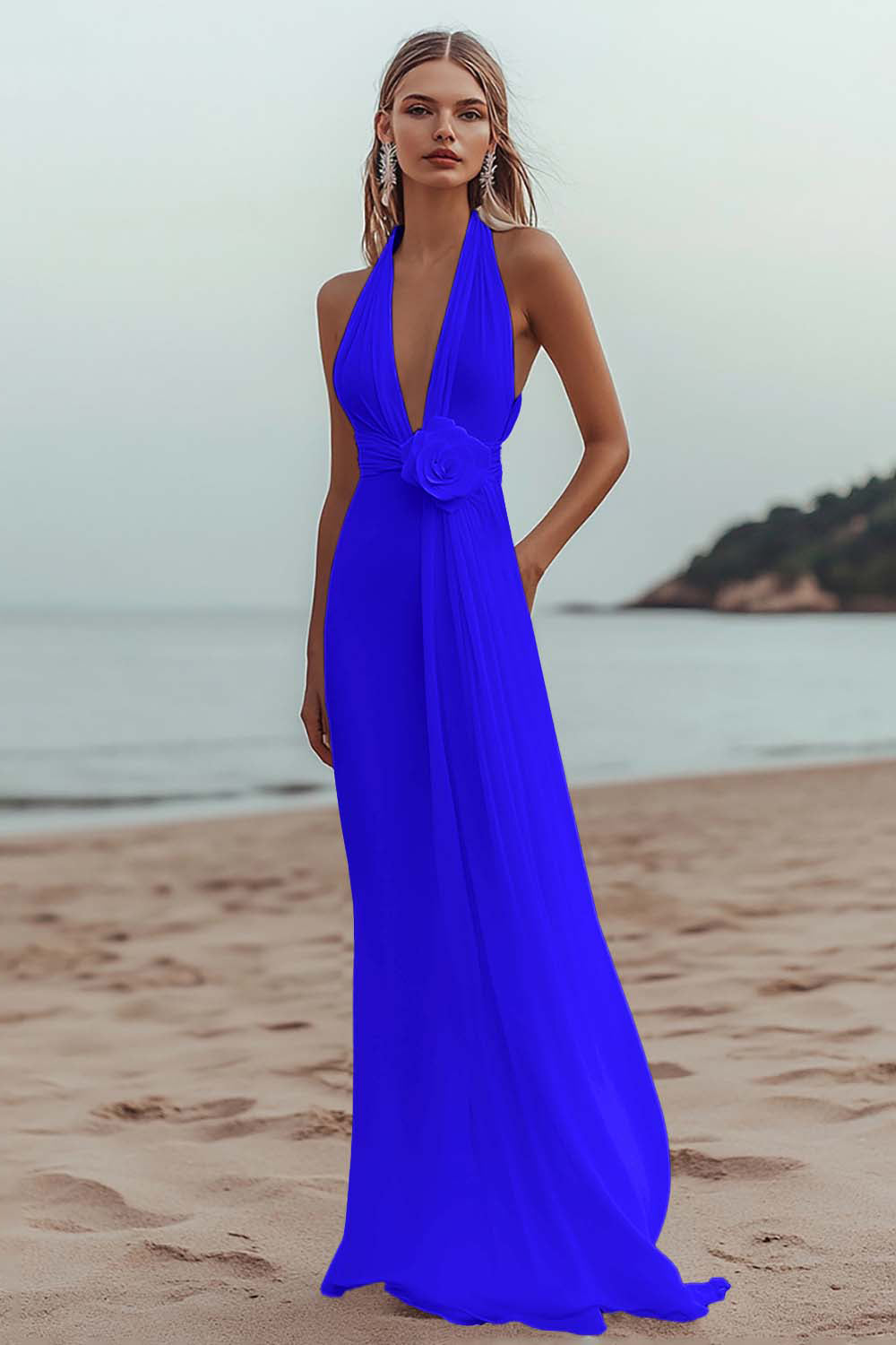 Burgundy A Line Deep V-Neck Long Formal Dress with 3D Flower