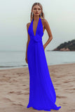 Burgundy A Line Deep V-Neck Long Formal Dress with 3D Flower