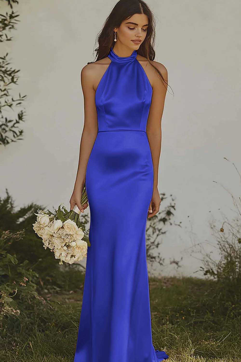 royal blue and yellow bridesmaid dresses Bridesmaids in Royal Blue Cocktail Dresses with Sunflower Bouquets