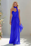 Sky Blue A Line Sweetheart Ruched Neck Scarf Long Prom Dress