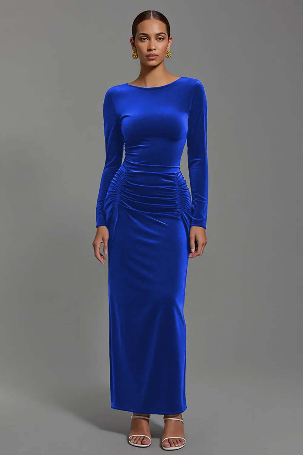 Navy Velvet Boat Neck Sheath Long Holiday Party Dress with Sleeves