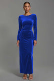 Navy Velvet Boat Neck Sheath Long Holiday Party Dress with Sleeves