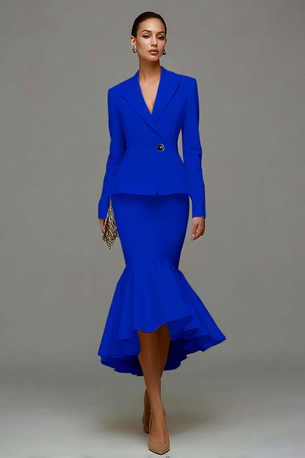 Ivory Satin Notched Lapel 2 Piece Midi Business Suits with Ruffles