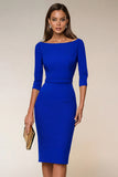 Navy Pencil Boat Neck Midi Work Dress with Sleeves