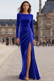 Caramel Velvet Sheath Ruched Long Sleeves Formal Dress with Slit