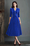 Burgundy V-Neck A Line Midi Velvet Holiday Party Dress