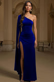 Dark Green Sheath One Shoulder Velvet Long Holiday Party Dress with Slit