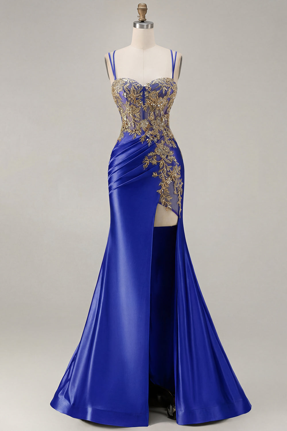 Sparkly Black Beaded Floral Satin Appliqued Long Corset Prom Dress with Slit