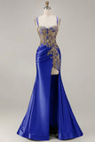 Sparkly Black Beaded Floral Satin Appliqued Long Corset Prom Dress with Slit