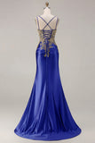 Sparkly Black Beaded Floral Satin Appliqued Long Corset Prom Dress with Slit
