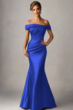 Peacock Blue Mermaid Off The Shoulder Ruched Satin Formal Dress