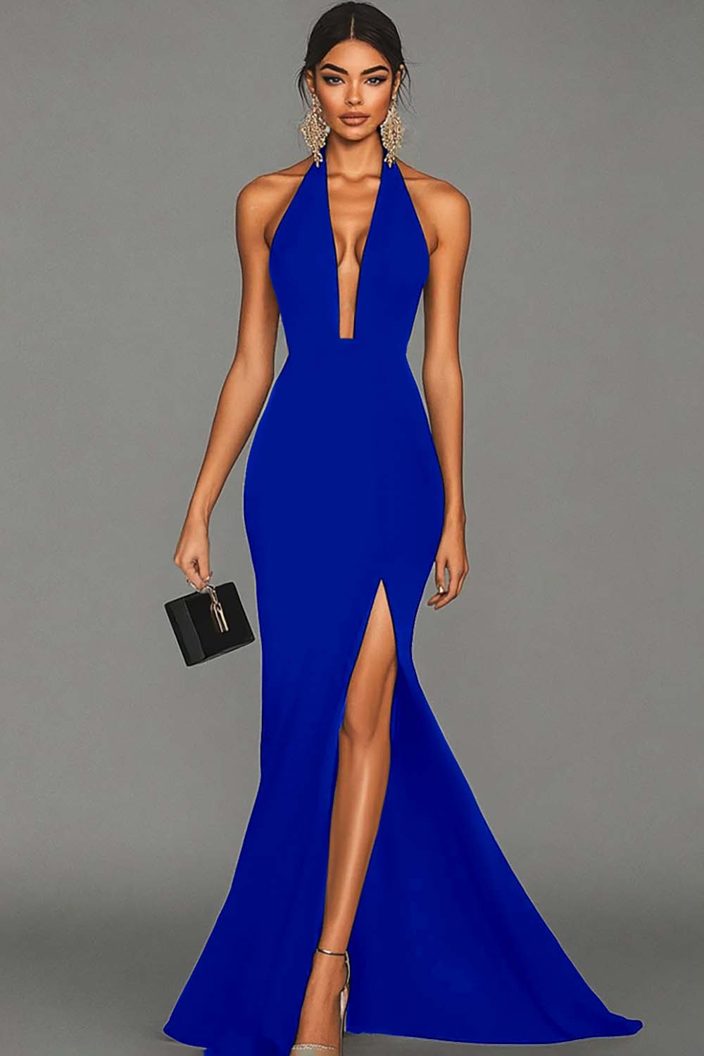Black Mermaid Halter Neck Long Satin Formal Dress with Slit