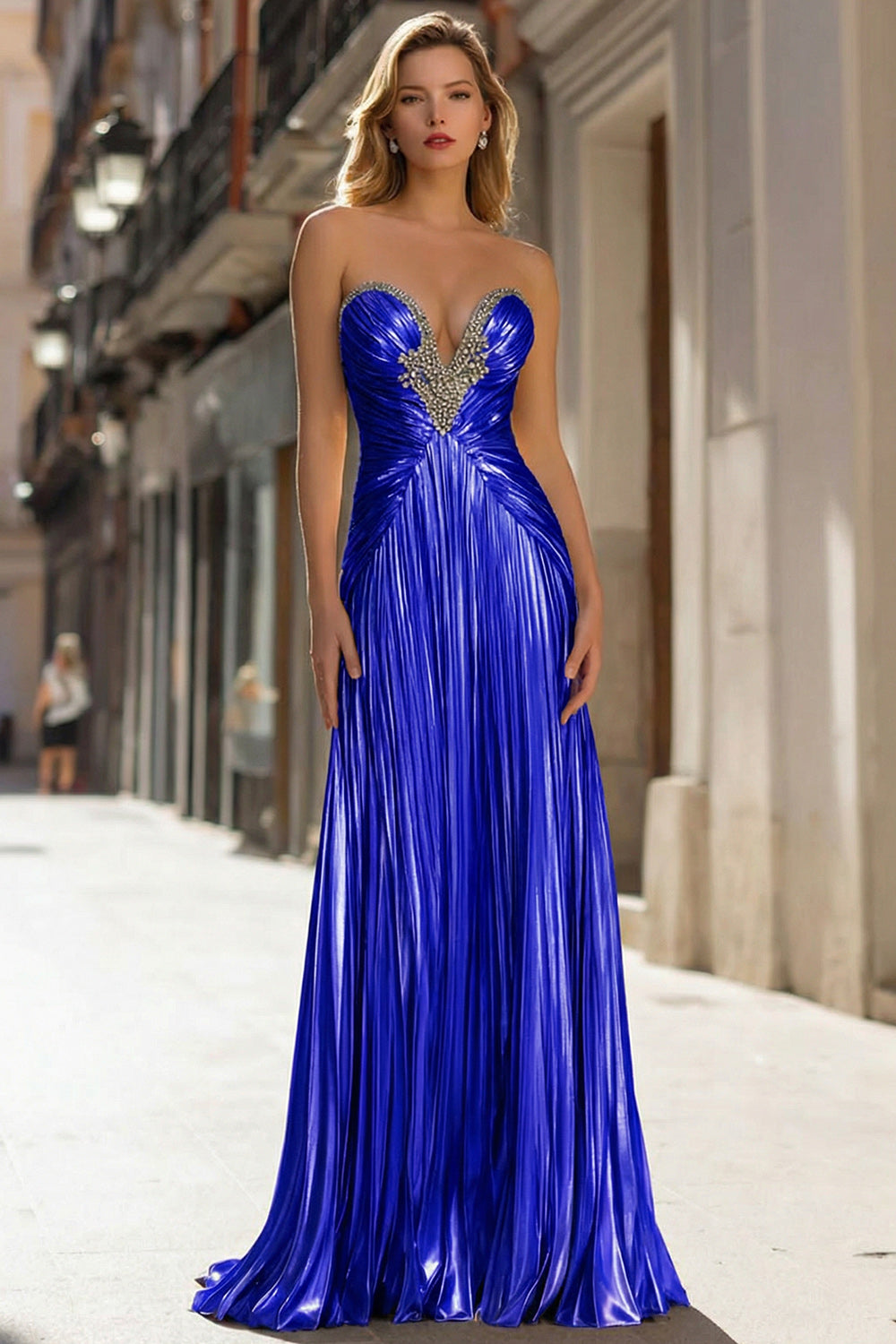Zapakasa Women Sparkly Gold Metallic Long Prom Dress Pleated Strapless