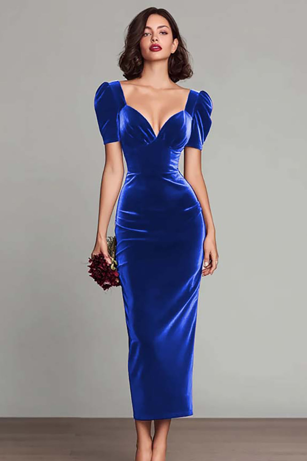 Simple Burgundy Velvet Sheath Long Holiday Party Dress with Sleeves - Royal Blue / US2 Simple Burgundy Velvet Sheath Long Holiday Party Dress with Sleeves - Royal Blue / US2