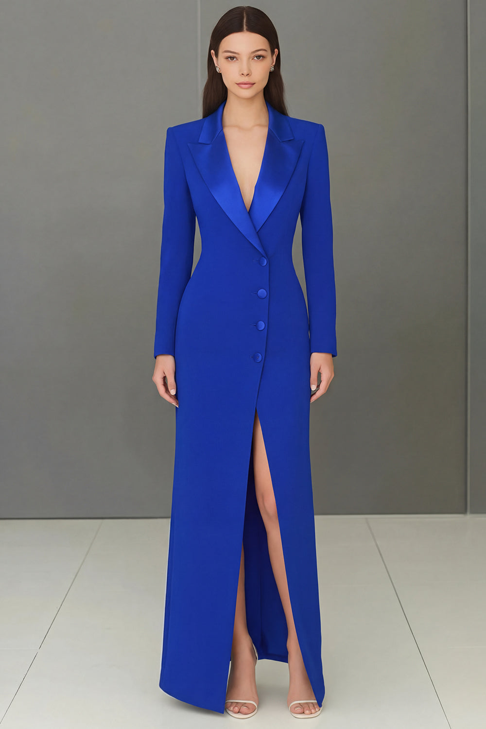 Navy Velvet Peak Lapel Single Breasted Long Blazer Dress with Slit