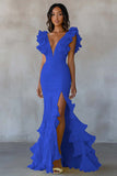 Yellow Chiffon Mermaid Long Formal Dress with Ruffles