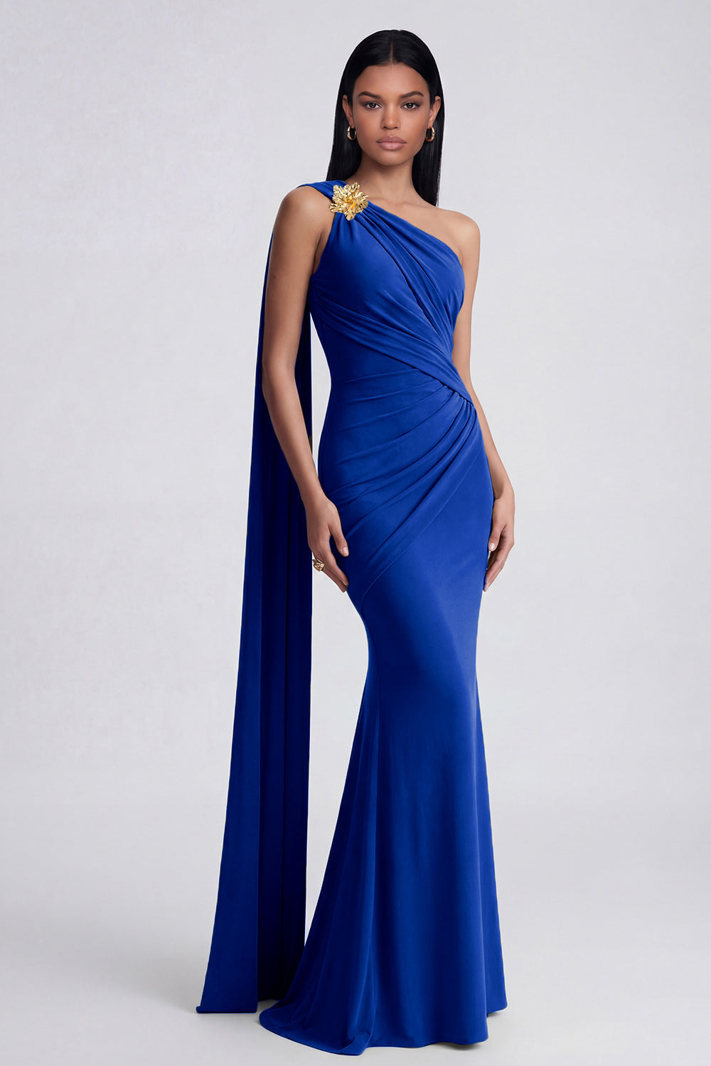 Olive Floral One Shoulder Ruched Long Mermaid Formal Dress with Side Cape