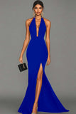 Dark Green Satin Mermaid Deep V-Neck Long Formal Dress with Slit