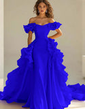 Yellow Satin Long Off the Shoulder Prom Dress with Ruffles